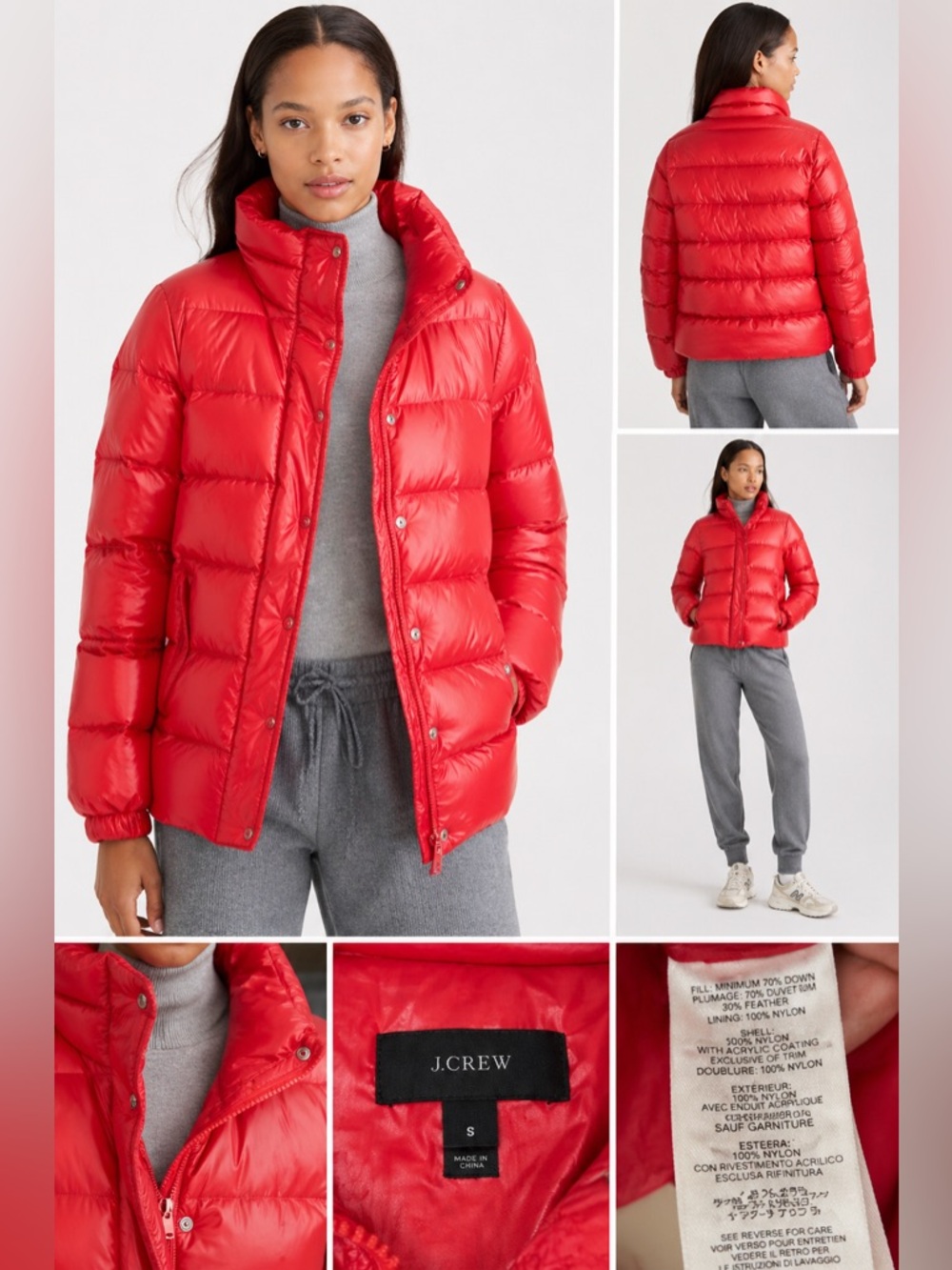 J.Crew Red Down Puffer Jacket Small Nylon Quilted Winter Coat